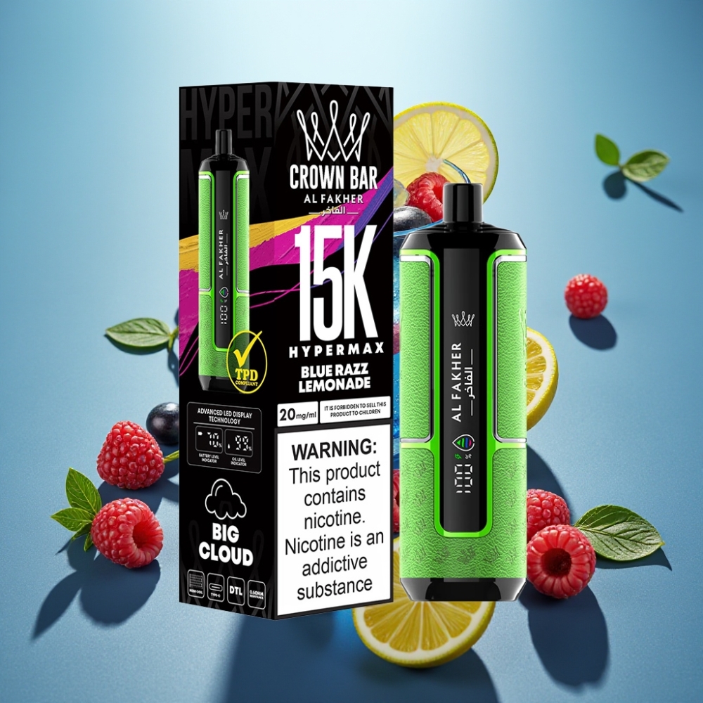 Al Fakher Crown Bar 15K Hypermax Disposable - Framboesa Azul Limonada 22ml 15K Tragos