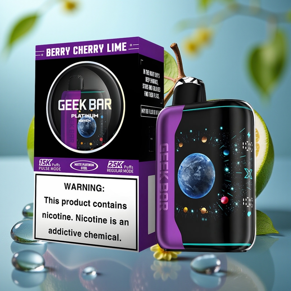 GEEK BAR Platinum Edition 25000 Puffs com Sabor Cereja Lima e Aço Platina