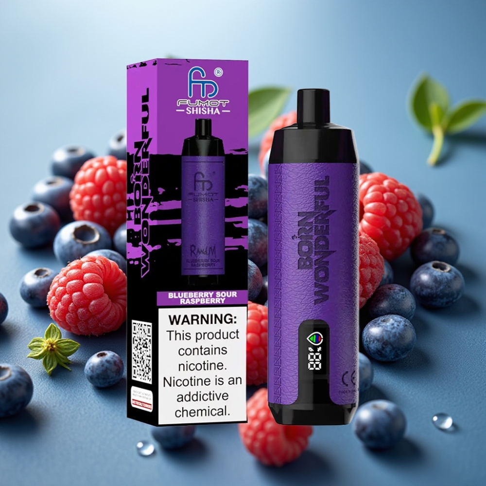 RandM Fumot Shisha 10000 Puffs Blueberry Framboesa Azeda LED Tipo-C