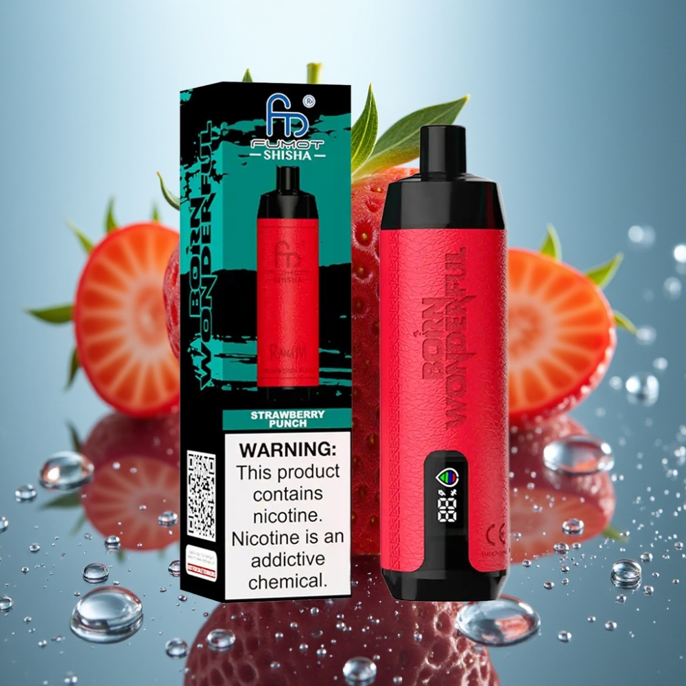 RandM Fumot Shisha 10000 Puffs Vape Descartável Sabor Morango Punch com LED e Tipo-C