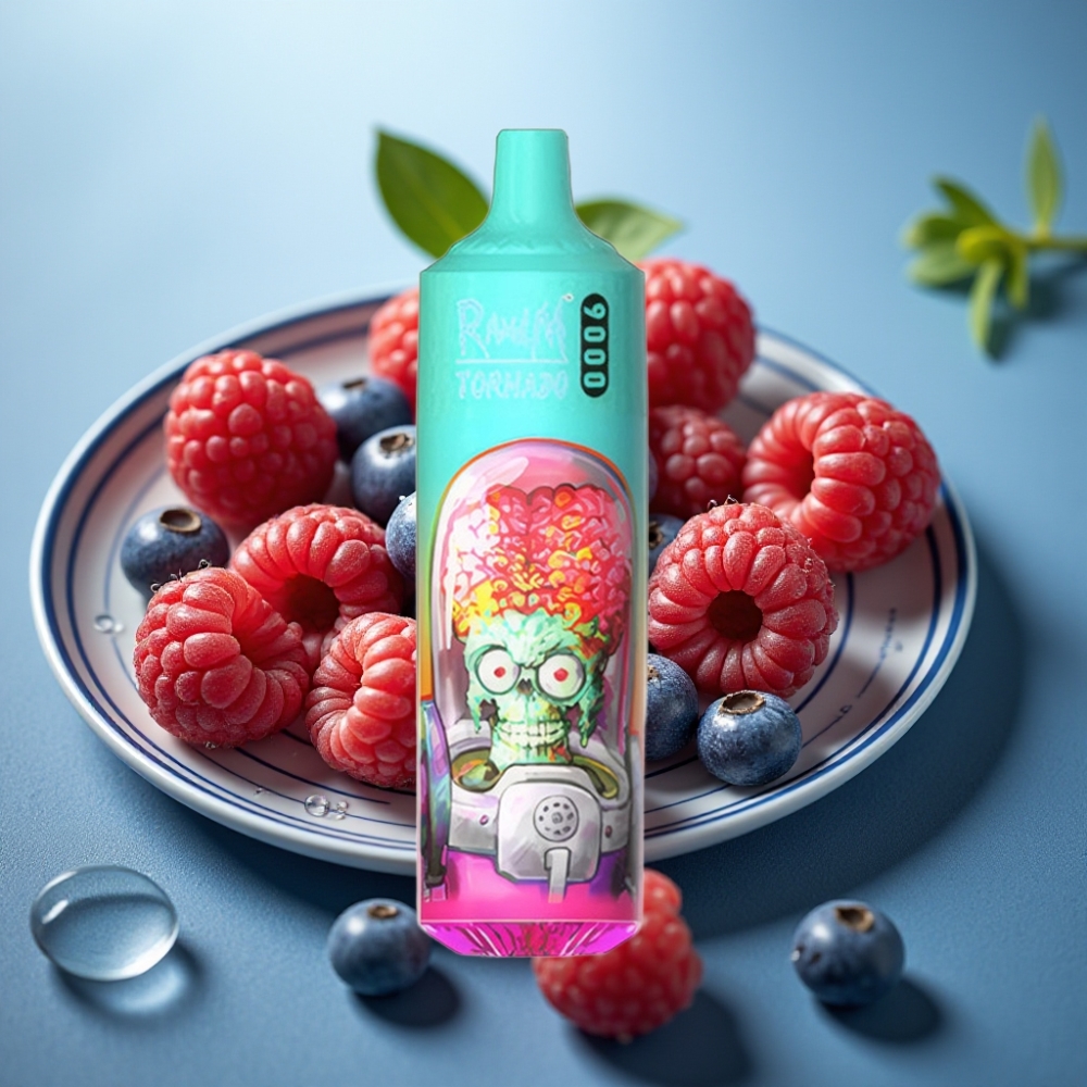 RandM Fumot Tornado 9000 Puffs Disposable Vape Framboesa Azul Azeda 850mAh 18mL Mesh RGB