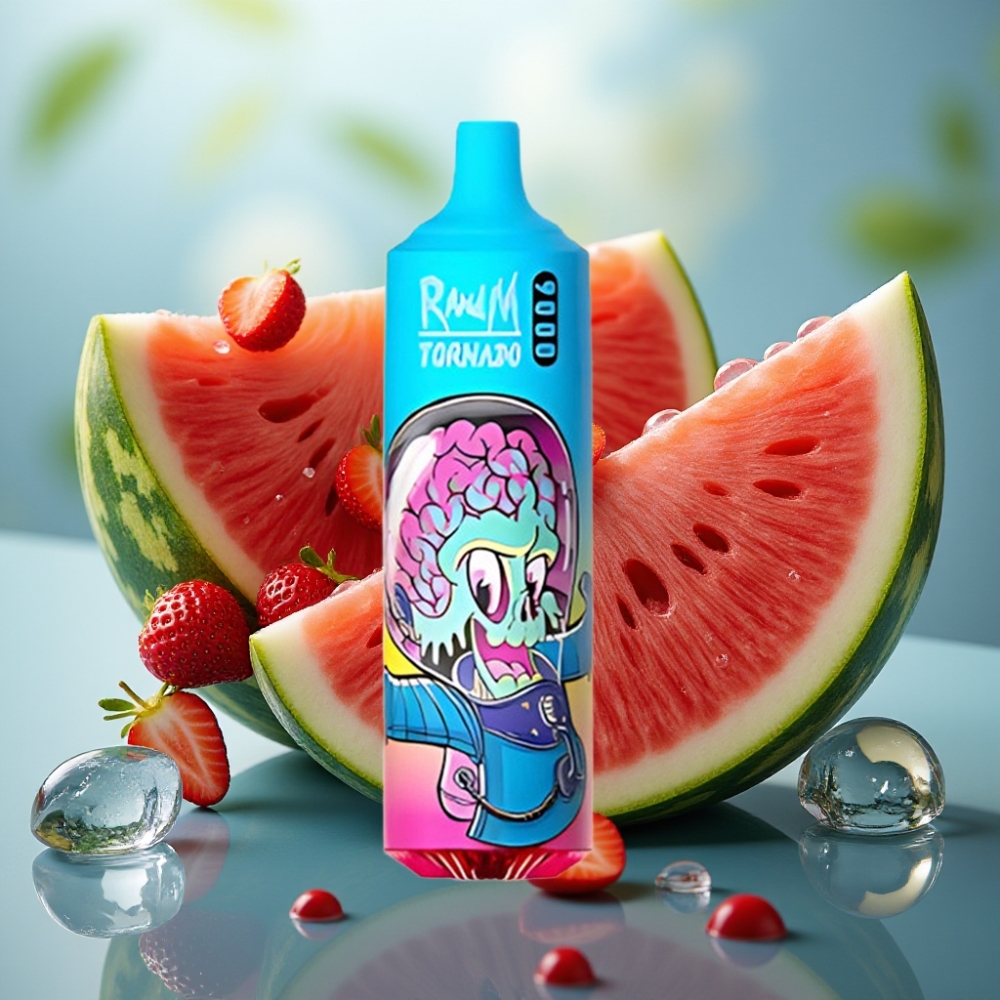 RandM Fumot Tornado 9000 Puffs Recarregável 18 mL Sabor Morango Melancia