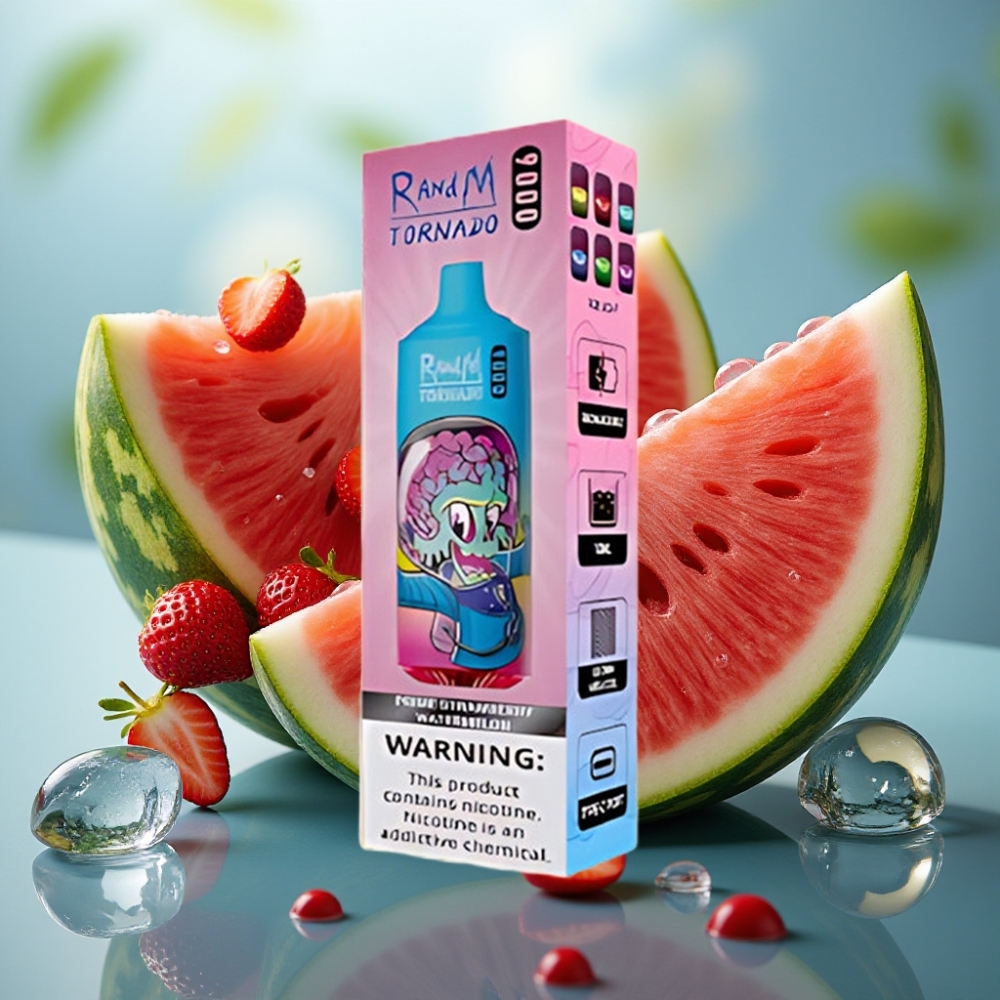 RandM Fumot Tornado 9000 Puffs Recarregável 18 mL Sabor Morango Melancia