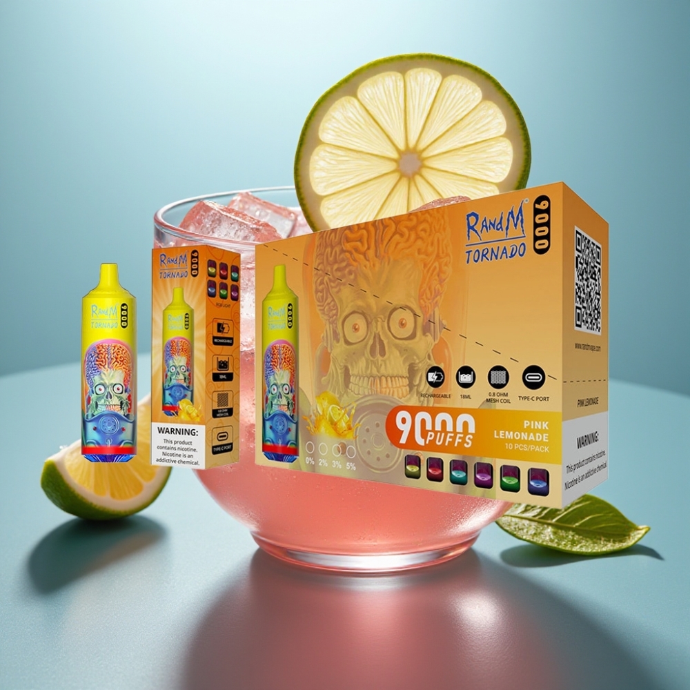 RandM Fumot Tornado 9000 Puffs Recarregável 18mL Limonada Rosa RGB